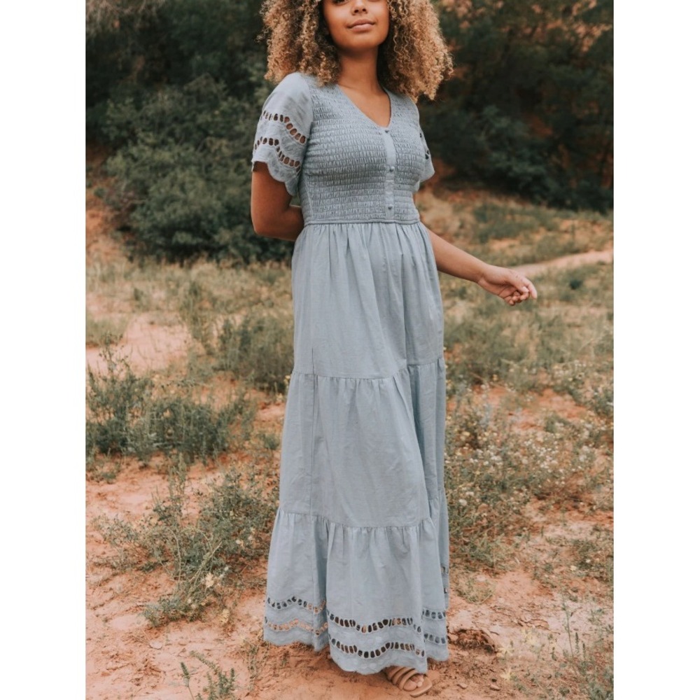Smocked V‑Neck Maxi Dress in Light Blue